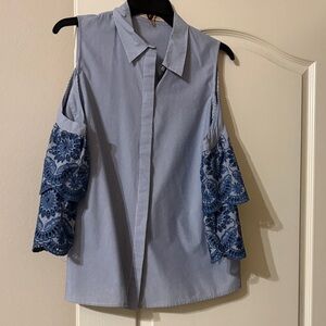 Gibson Latimer Blue Striped Blouse with Lace Accents
